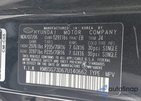 2007 Hyundai Santa Fe Gls z USA, uszkodzony, nr VIN KM8SG73D67U140662